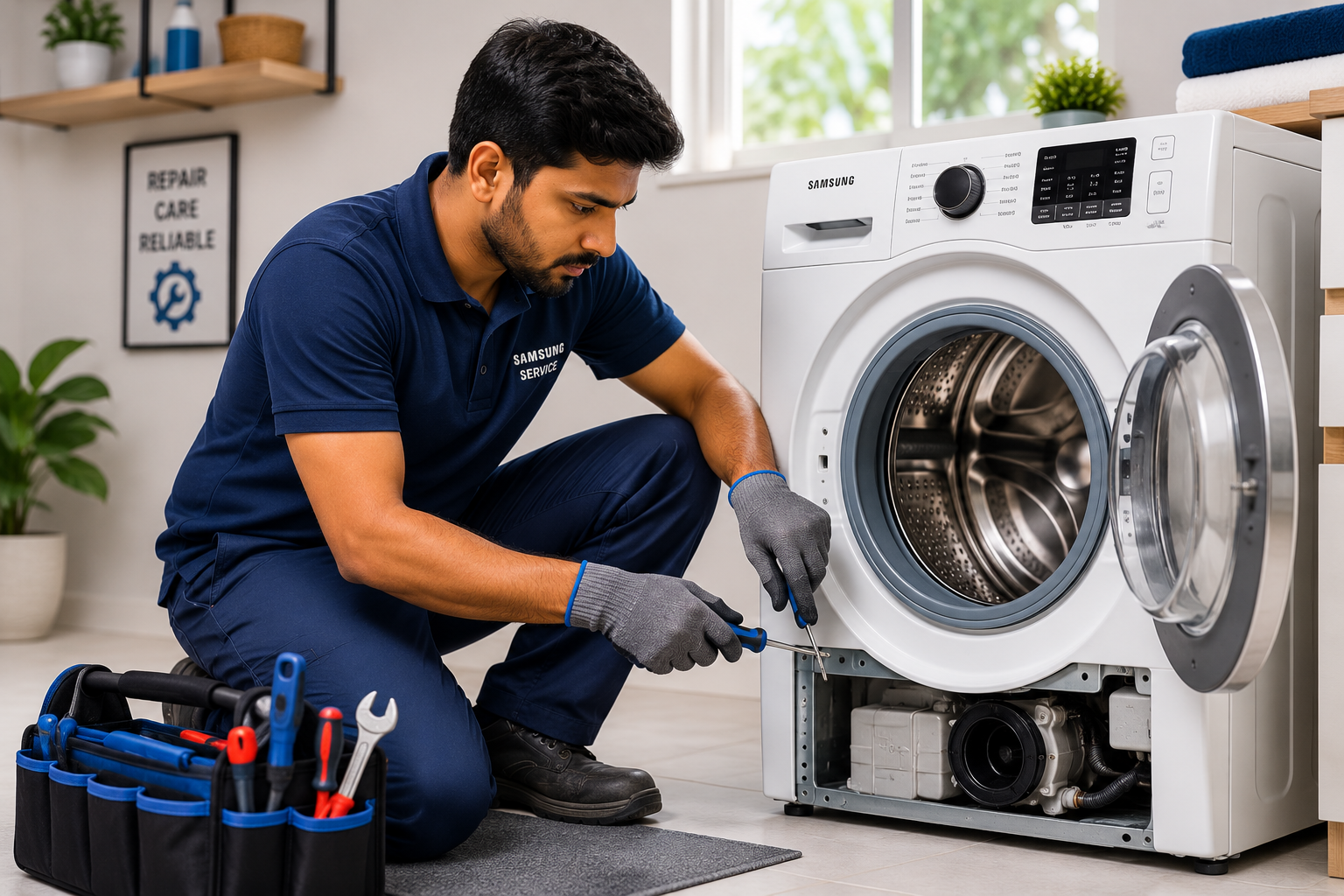 Skilled technician performing washing machine repair